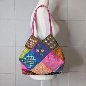 Vintage colorful patchwork embroidered origami tote bag